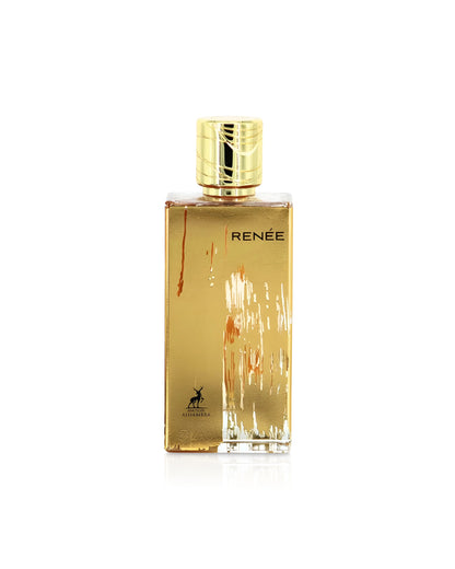 maison alhambra renee carmine Gold perfume bottle with 'Rénèe' branding on a white background