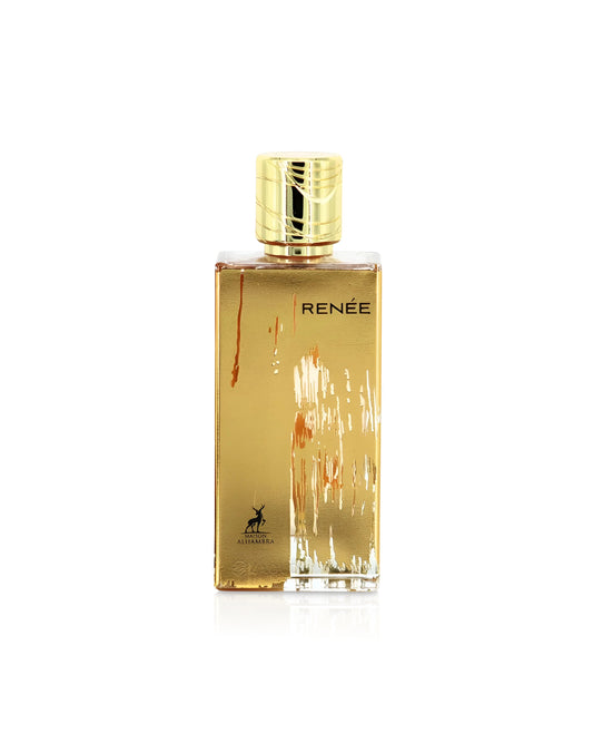 maison alhambra renee carmine Gold perfume bottle with 'Rénèe' branding on a white background