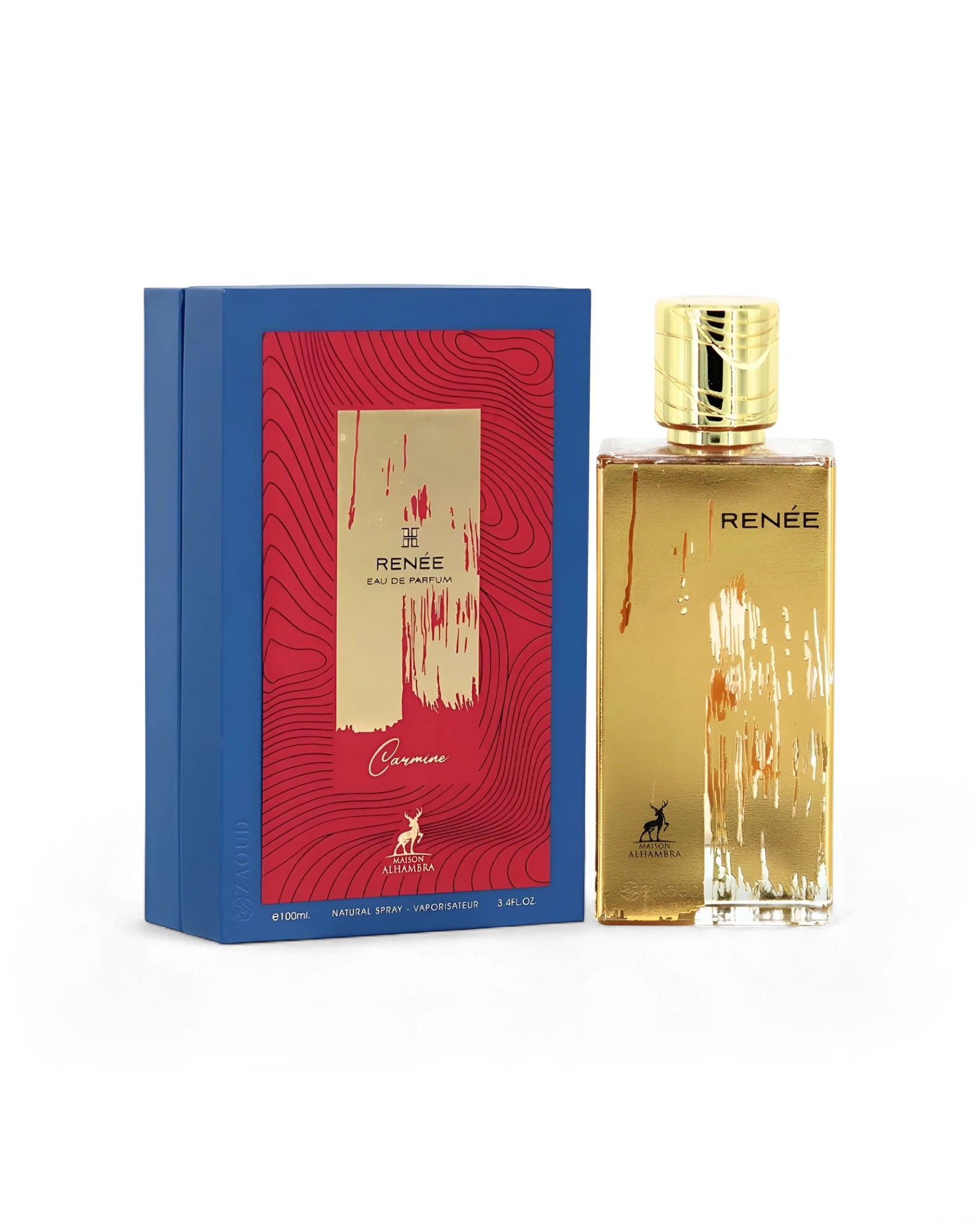 maison alhambra renee carmine Gold perfume bottle with red and blue packaging on a white background