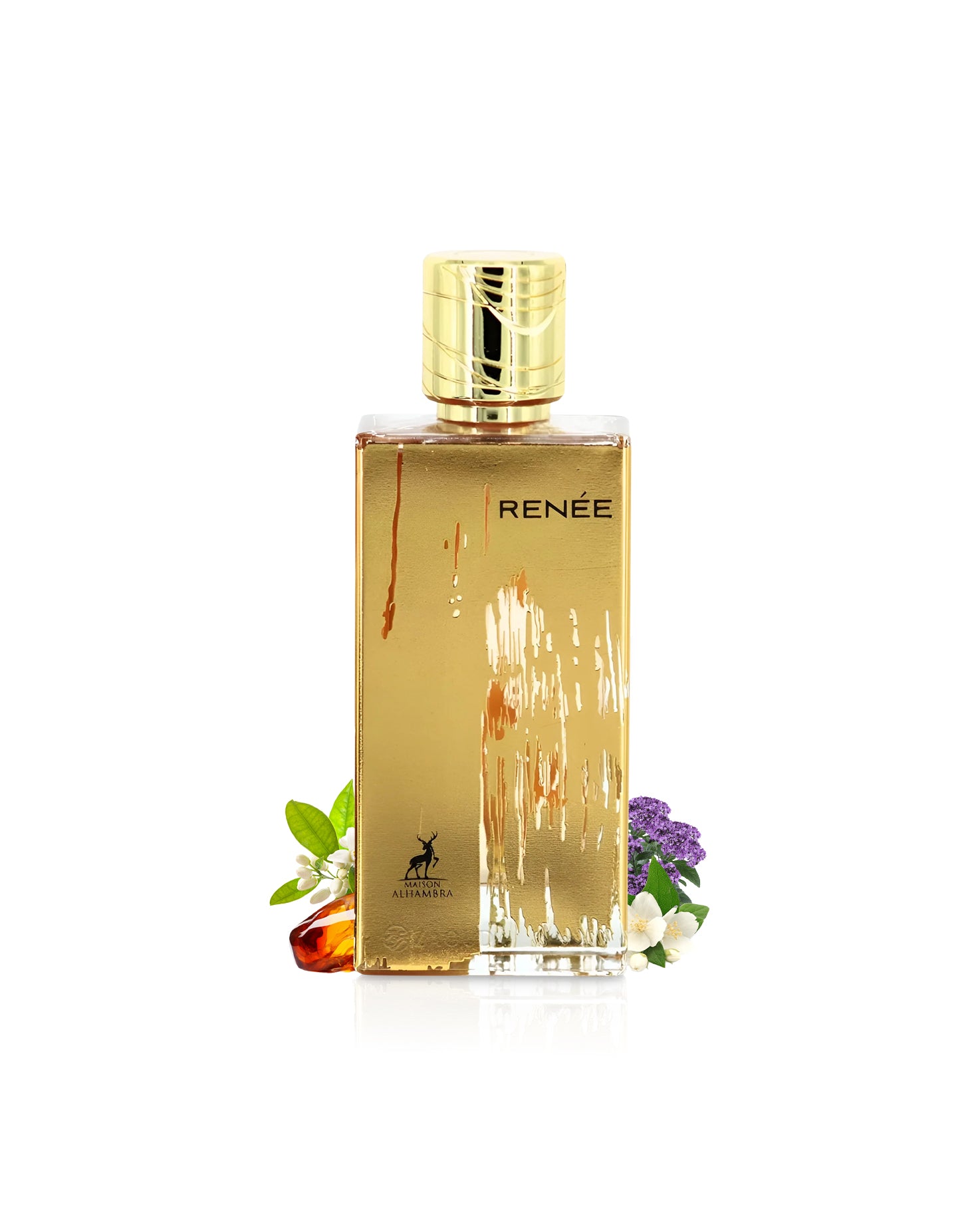 maison alhambra renee carmine Gold perfume bottle with decorative elementslike amber and neroli on a white background