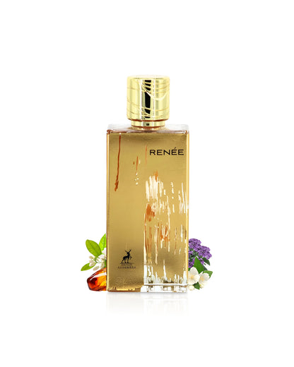 maison alhambra renee carmine Gold perfume bottle with decorative elementslike amber and neroli on a white background