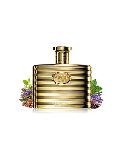 maison alhambra tonic malt perfume bottle surrounded with fragrance notes like spices shows against white background