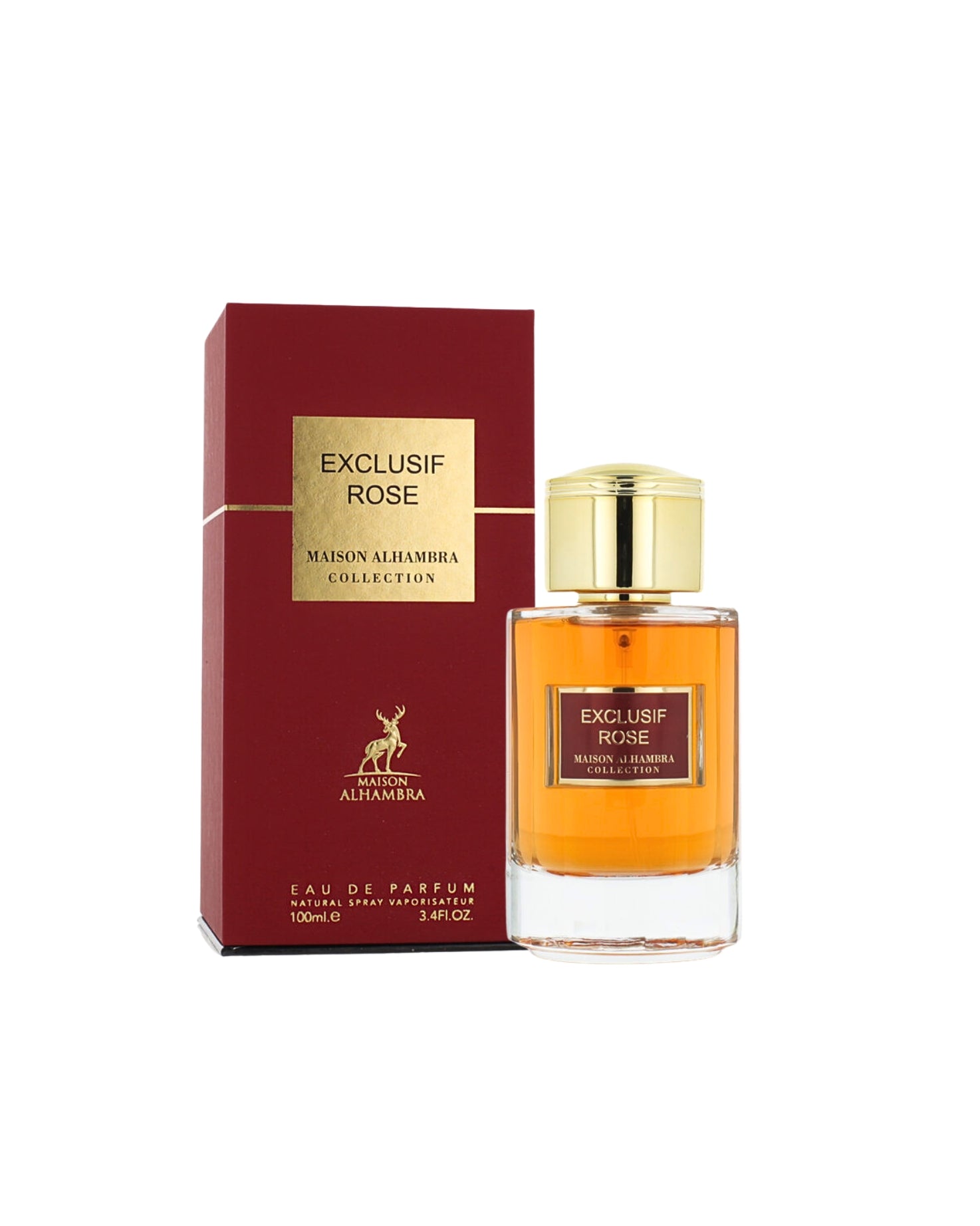 Maison alhambra exclusif rose perfume bottle and box against white background