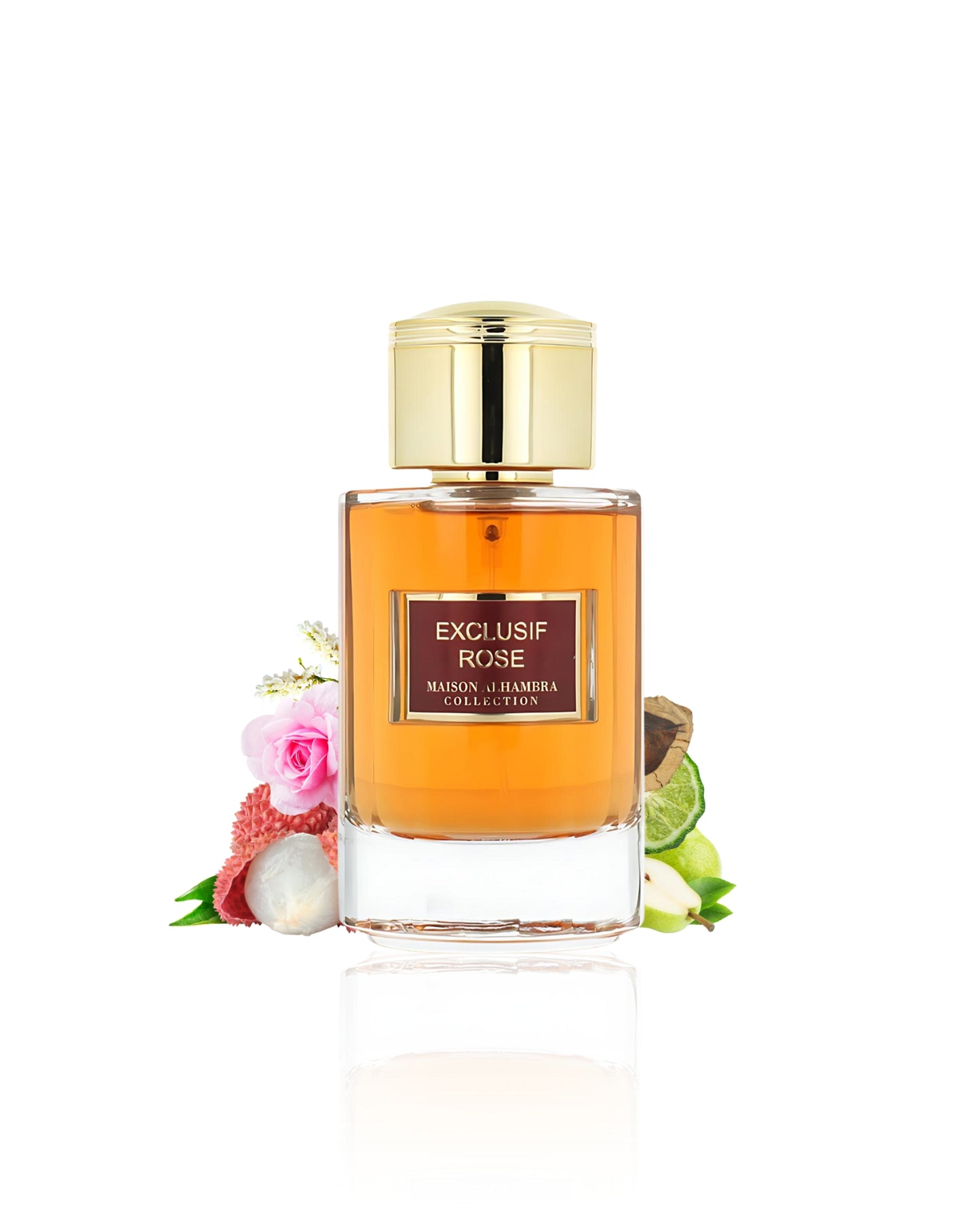 Maison alhambra exclusif rose perfume bottle surrounded by litchi rose against white background