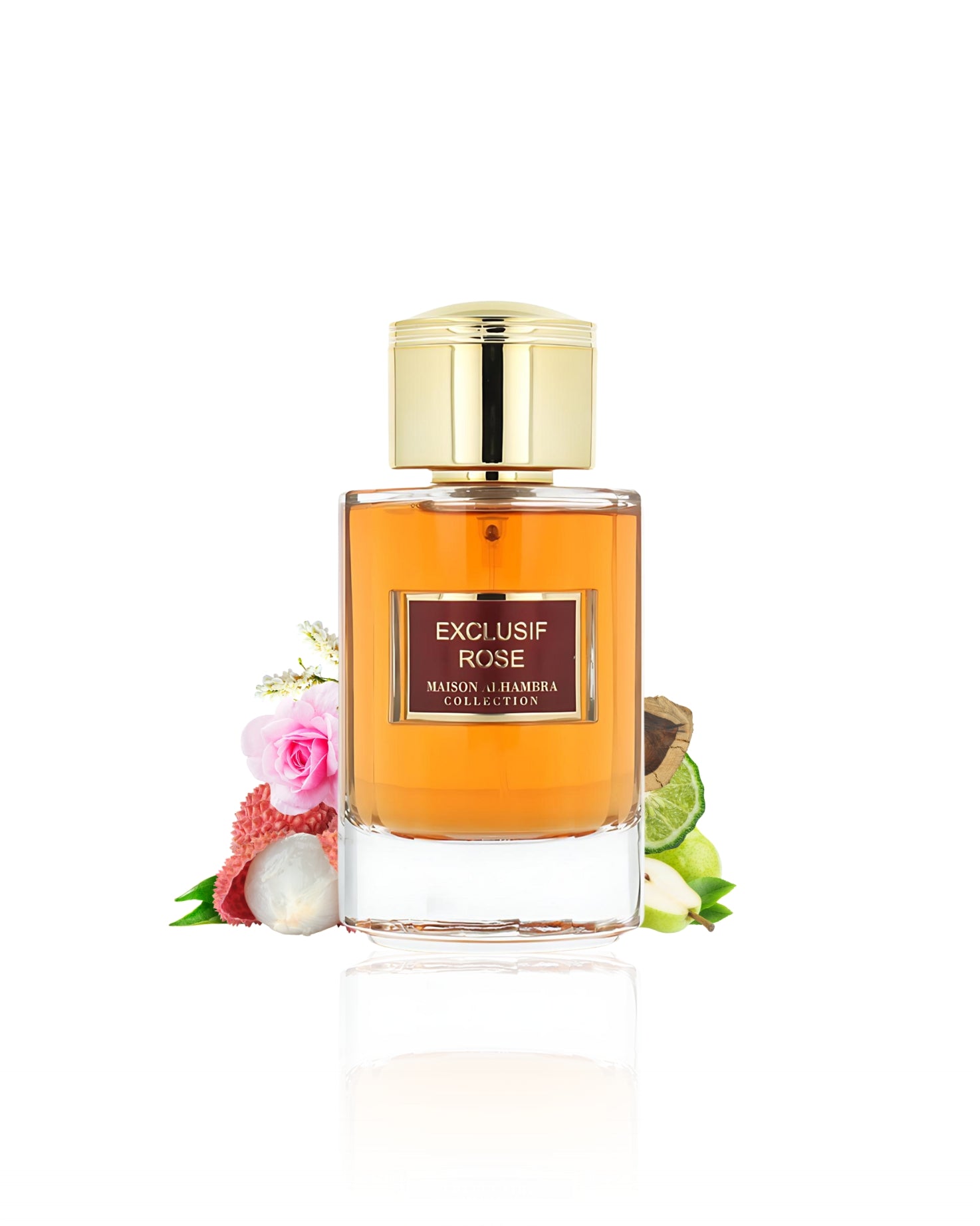 Maison alhambra exclusif rose perfume bottle surrounded by litchi rose against white background