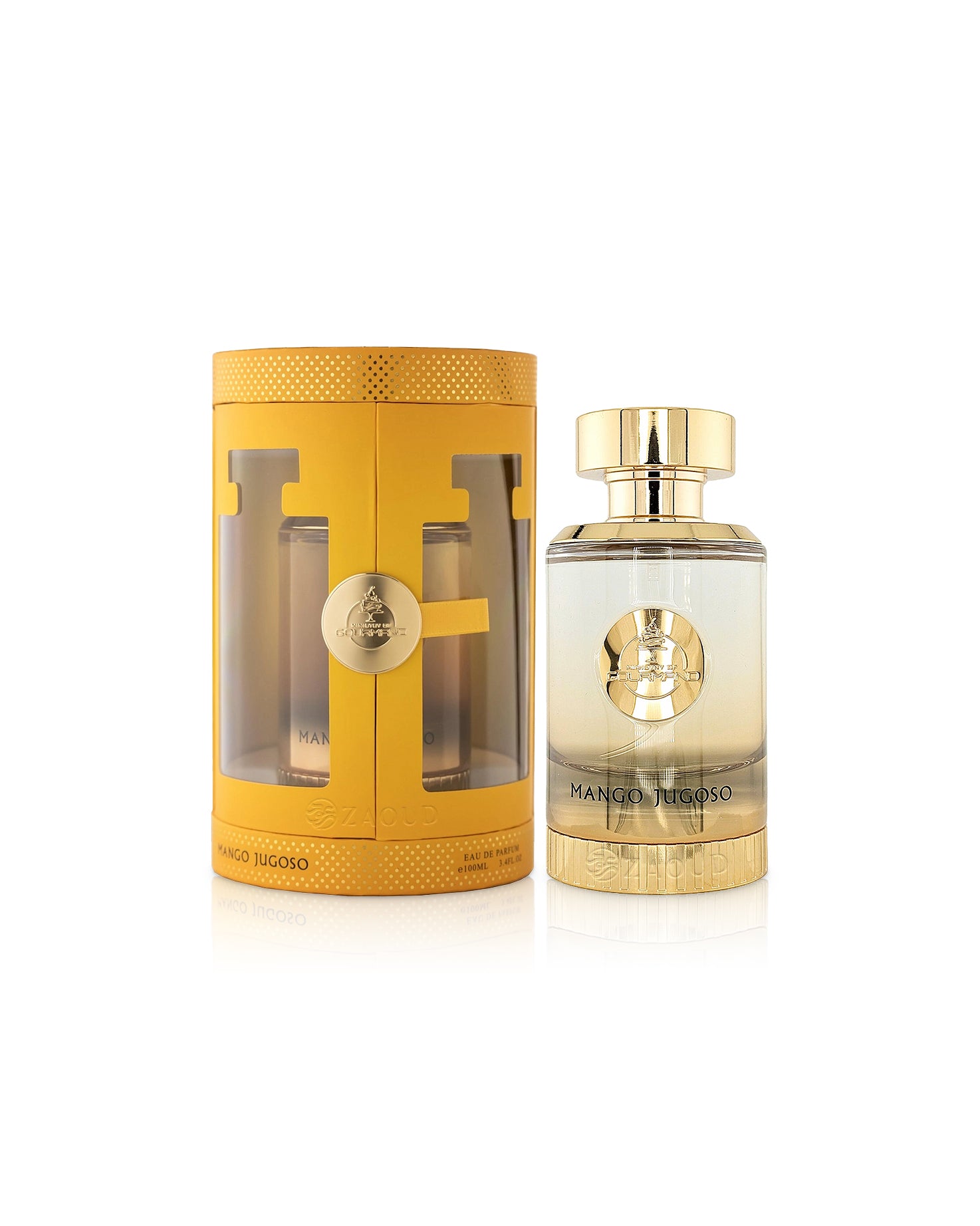 paris corner mango jugoso perfume bottle shows beside its box against white background