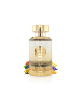 paris corner mango jugoso perfume bottle surrounded with fragrance notes like mango and tropical fruits shows against white background