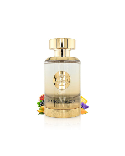 paris corner mango jugoso perfume bottle surrounded with fragrance notes like mango and tropical fruits shows against white background