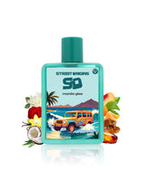 manila glee perfume bottle surrounded with fragrance notes like coconut and caramel  shows against white background