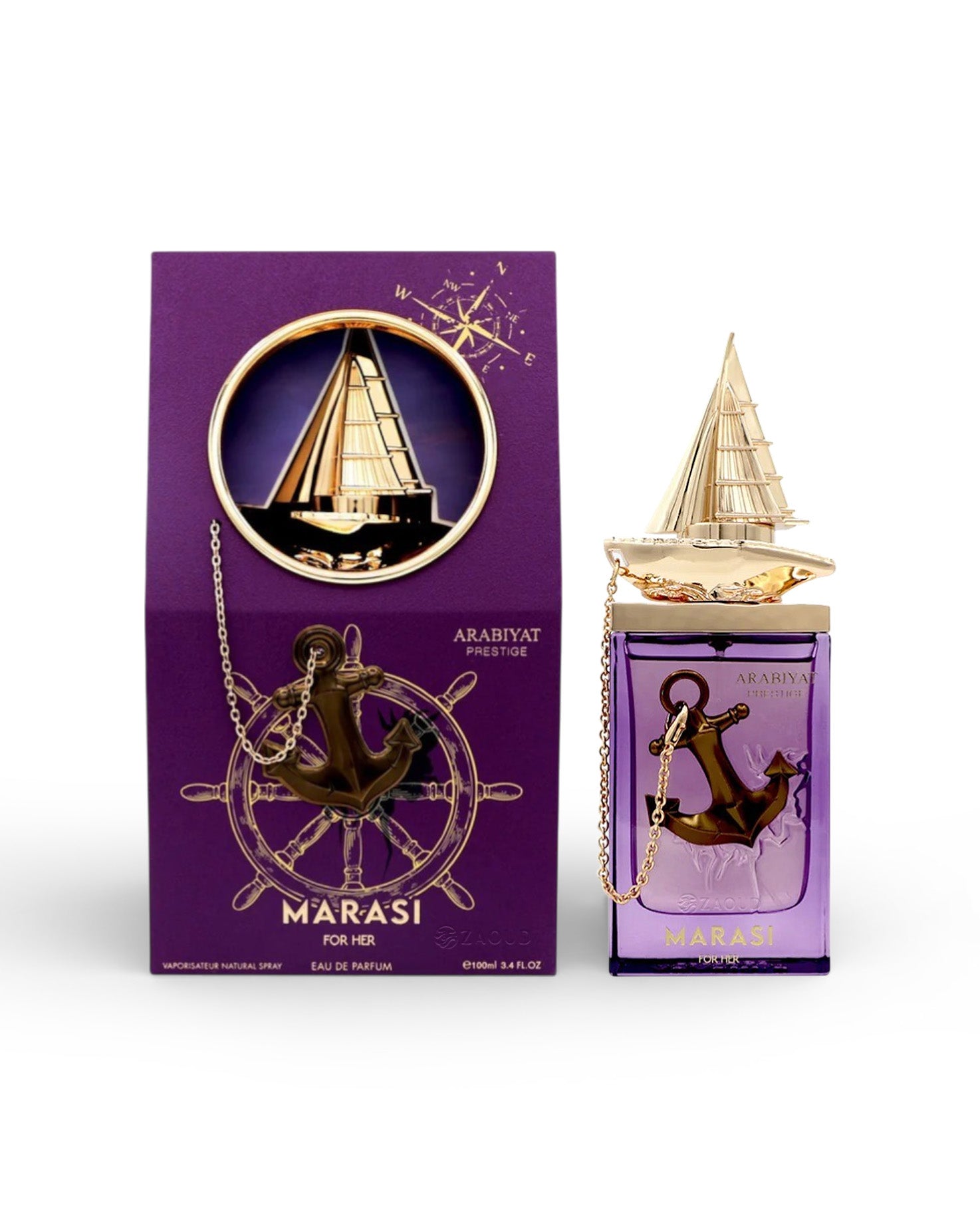 marasi for her perfume bottle shows beside its packaging against white background