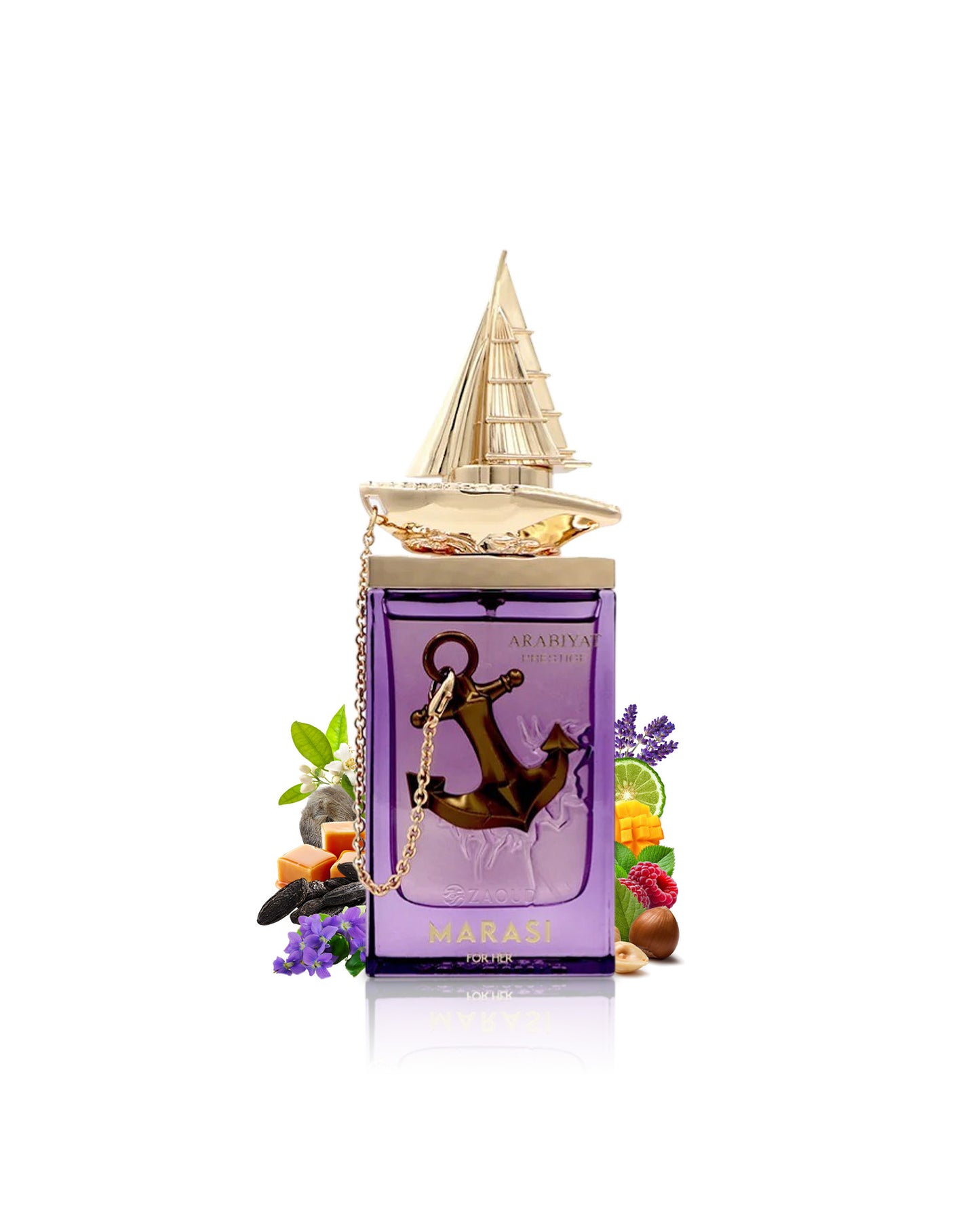 marasi for her perfume bottle surrounded by fragrance notes like raspberry and caramel shows against white background