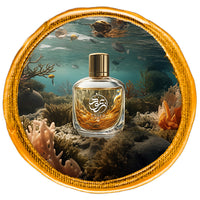 Marine Perfume bottle under sea surrounding seaweed and fishes