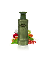 matcha perfume bottle surrounded by fragrance notes like pink pepper and rose  shows against white background