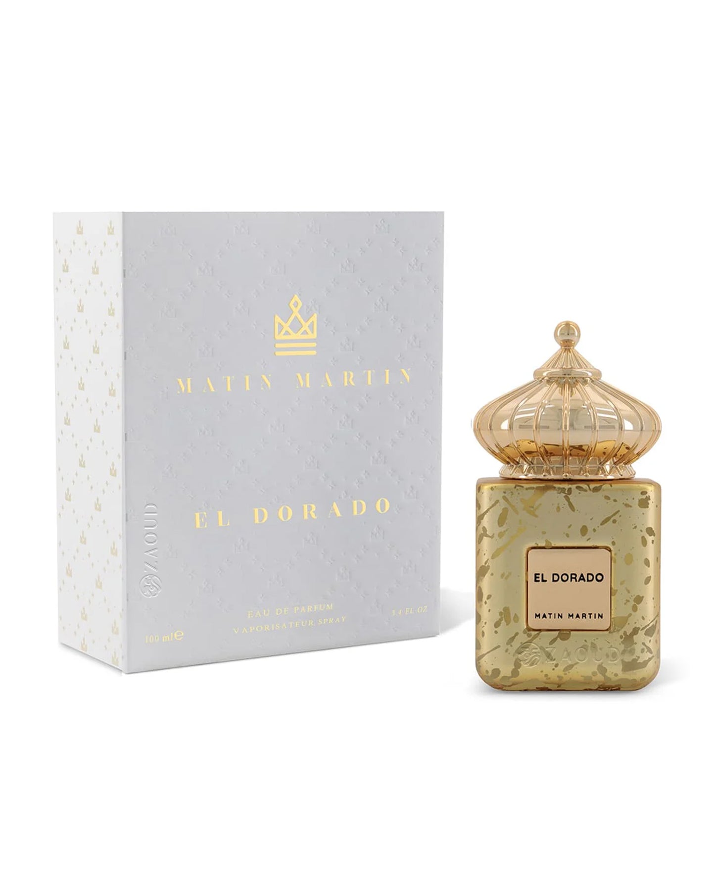 matin martin el dorado perfume bottle shows beside packaging against white background