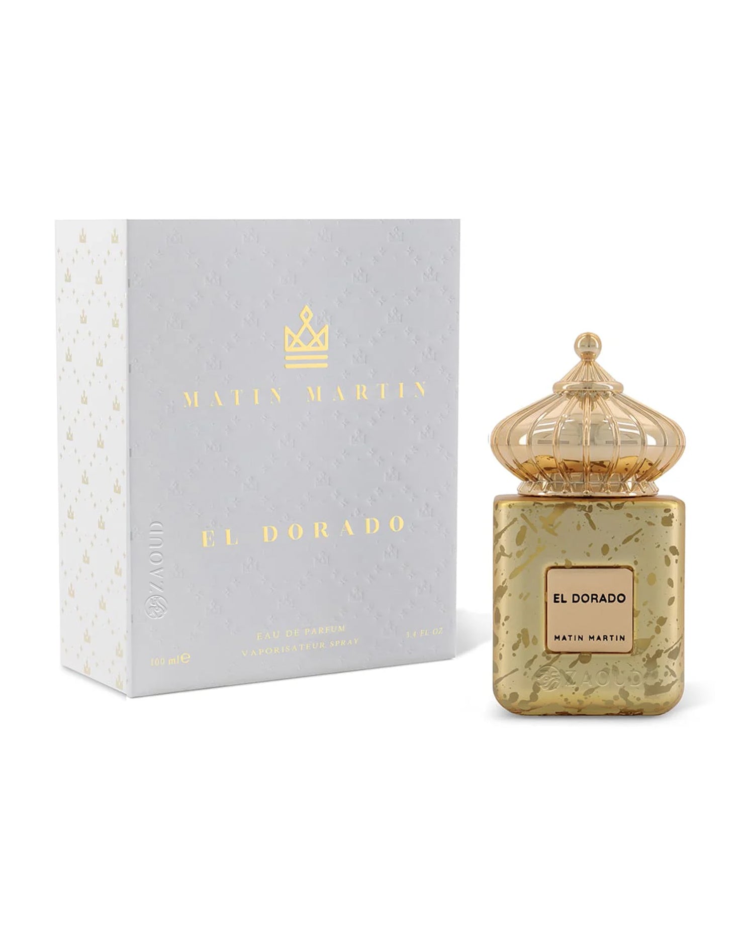 matin martin el dorado perfume bottle shows beside packaging against white background