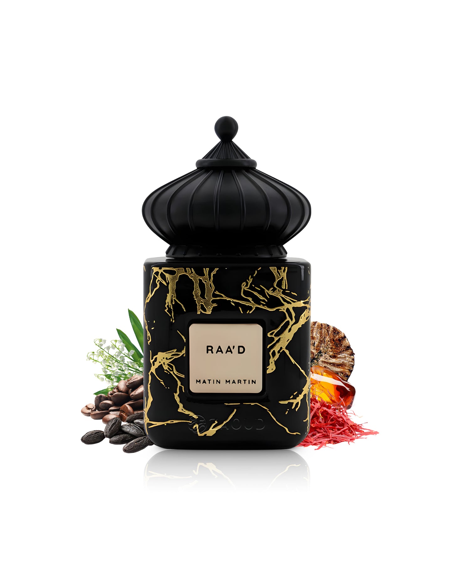 MATIN martin raa'd perfume bottle surrounded by fragrance notes like saffron and tonka shows against white background