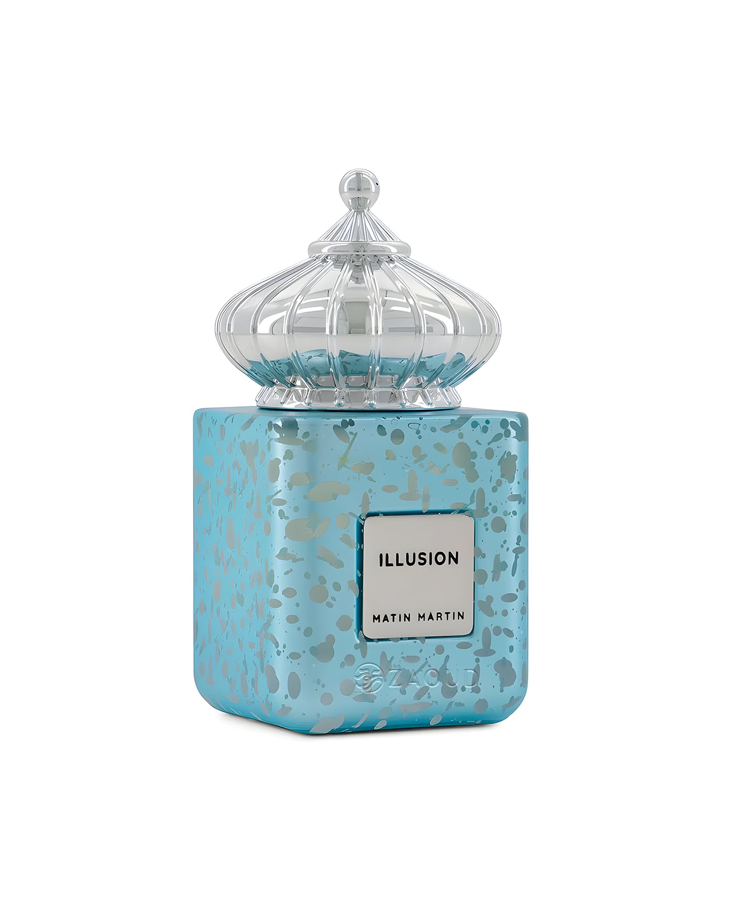 Matin martin illusion perfume blue bottle shows against white background