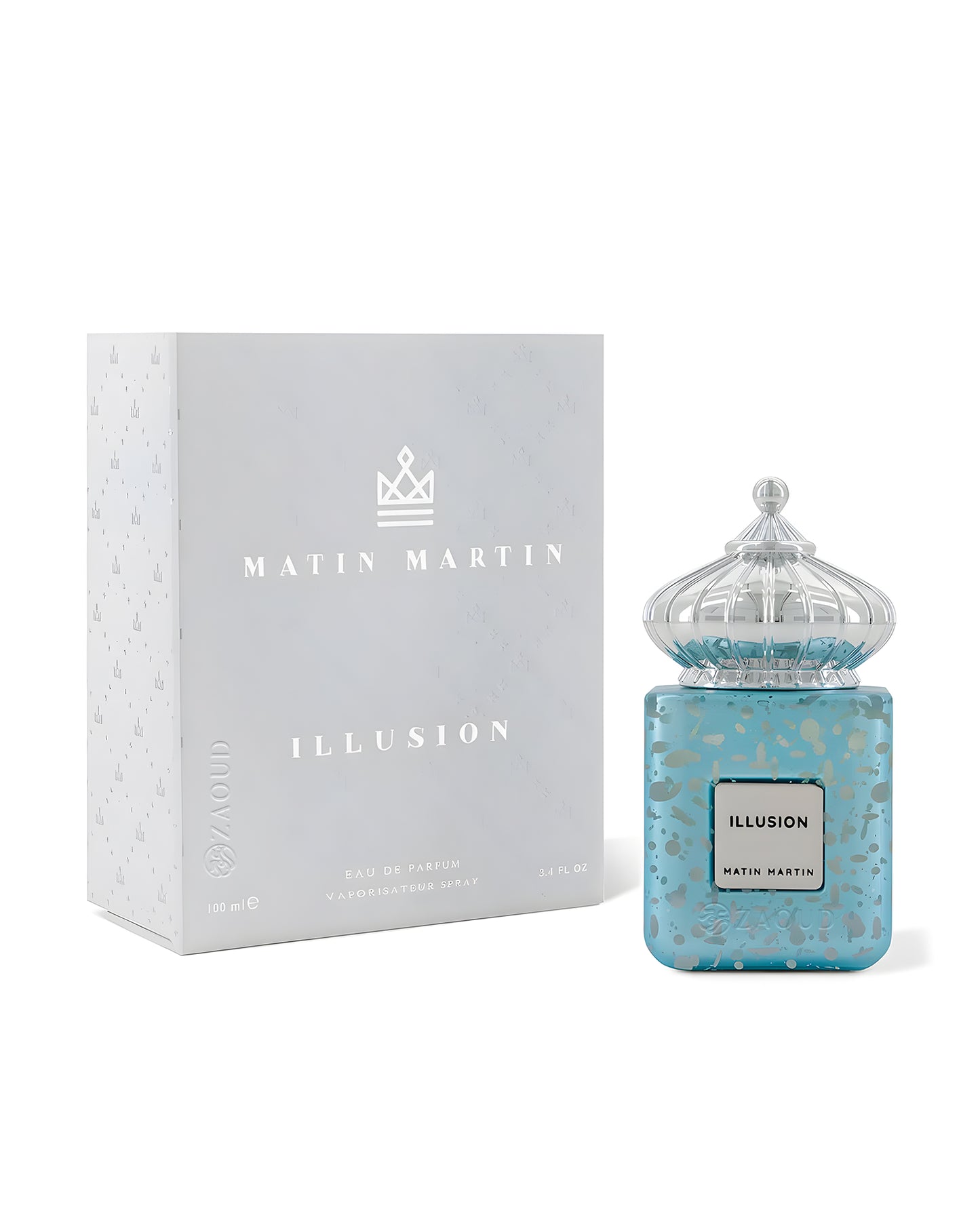 Matin martin illusion perfume bottle shows beside its packaging against white background