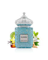 Matin martin illusion perfume bottle surrounded by fragrance notes like amber and jasmine shows against white background