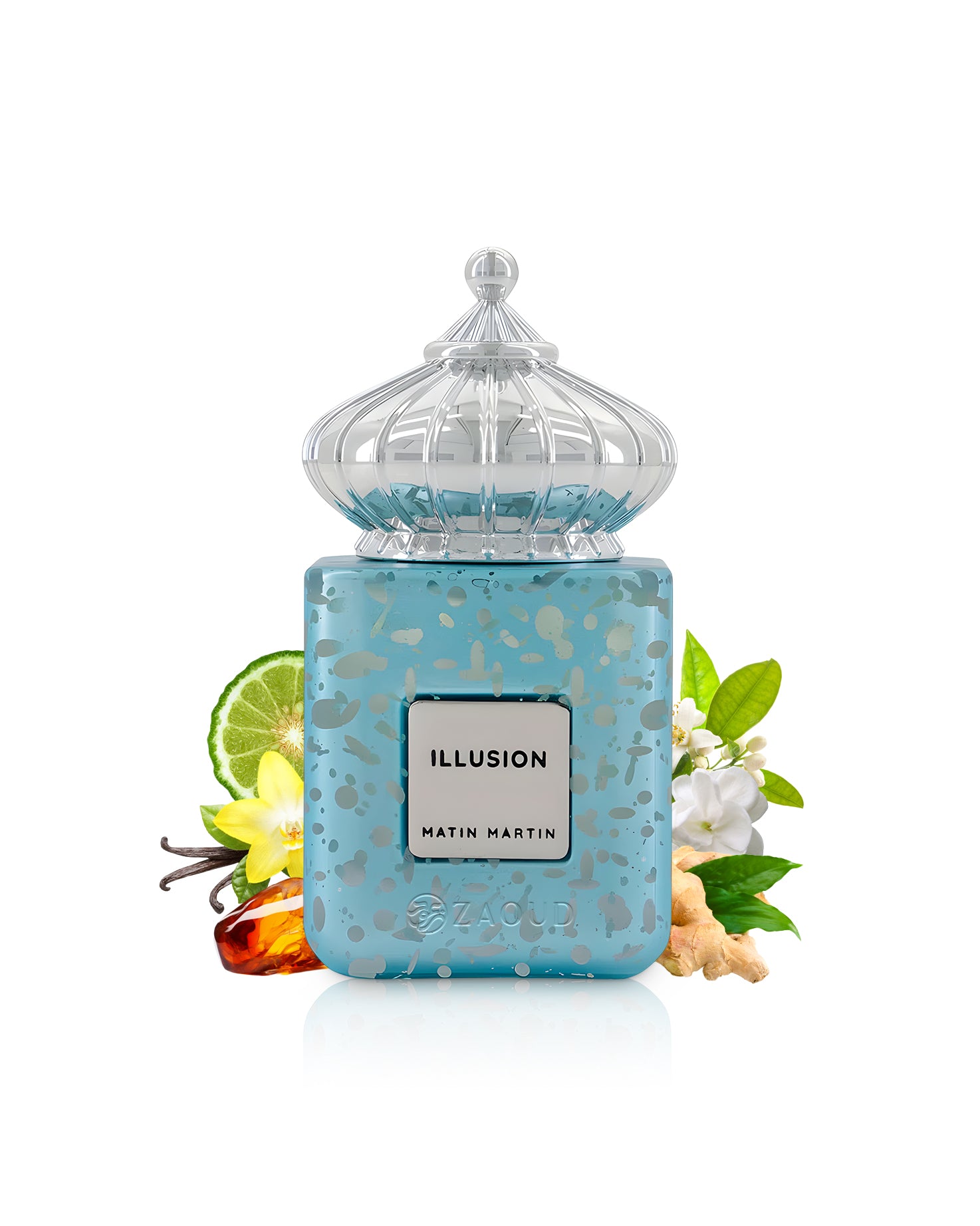 Matin martin illusion perfume bottle surrounded by fragrance notes like amber and jasmine shows against white background