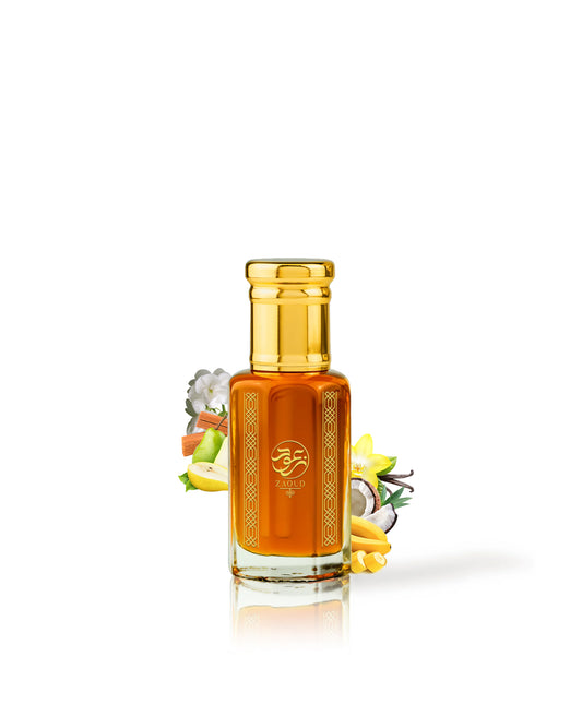 banana island Perfume oil bottle with decorative elements like banana and pear on a white background
