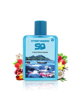 mauritius tease perfume bottle surrounded by fragrance notes like fruits and coconut  shows against white background