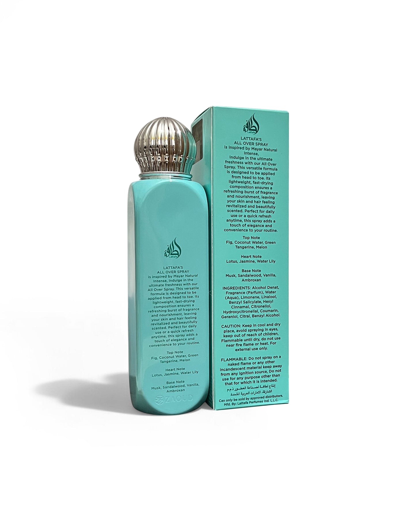 Lattafa mayar natural intense all over spray bottle backside beside box shows against white background