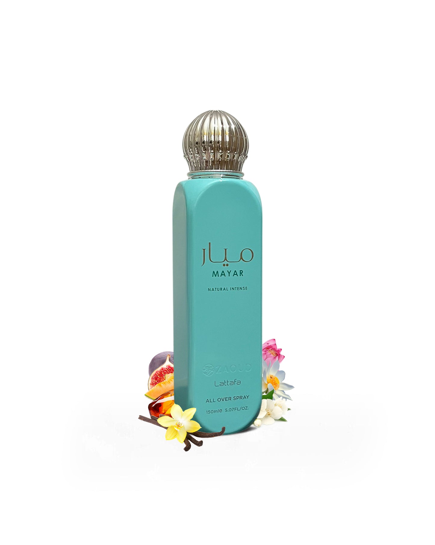Lattafa mayar natural intense all over spray bottle surrounded by fragrance notes like fig and lotus shows against white background