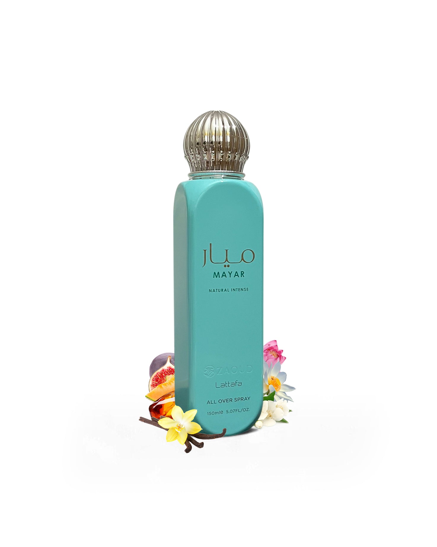 Lattafa mayar natural intense all over spray bottle surrounded by fragrance notes like fig and lotus shows against white background