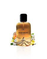Montaigne coco perfume bottle surrounded by coconut vanilla against white background