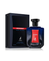 moondrift blue intense perfume bottle shows beside its packaging against white background