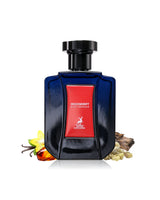 moondrift blue intense perfume bottle surrounded with fragrance notes like spices and vanilla shows against white background