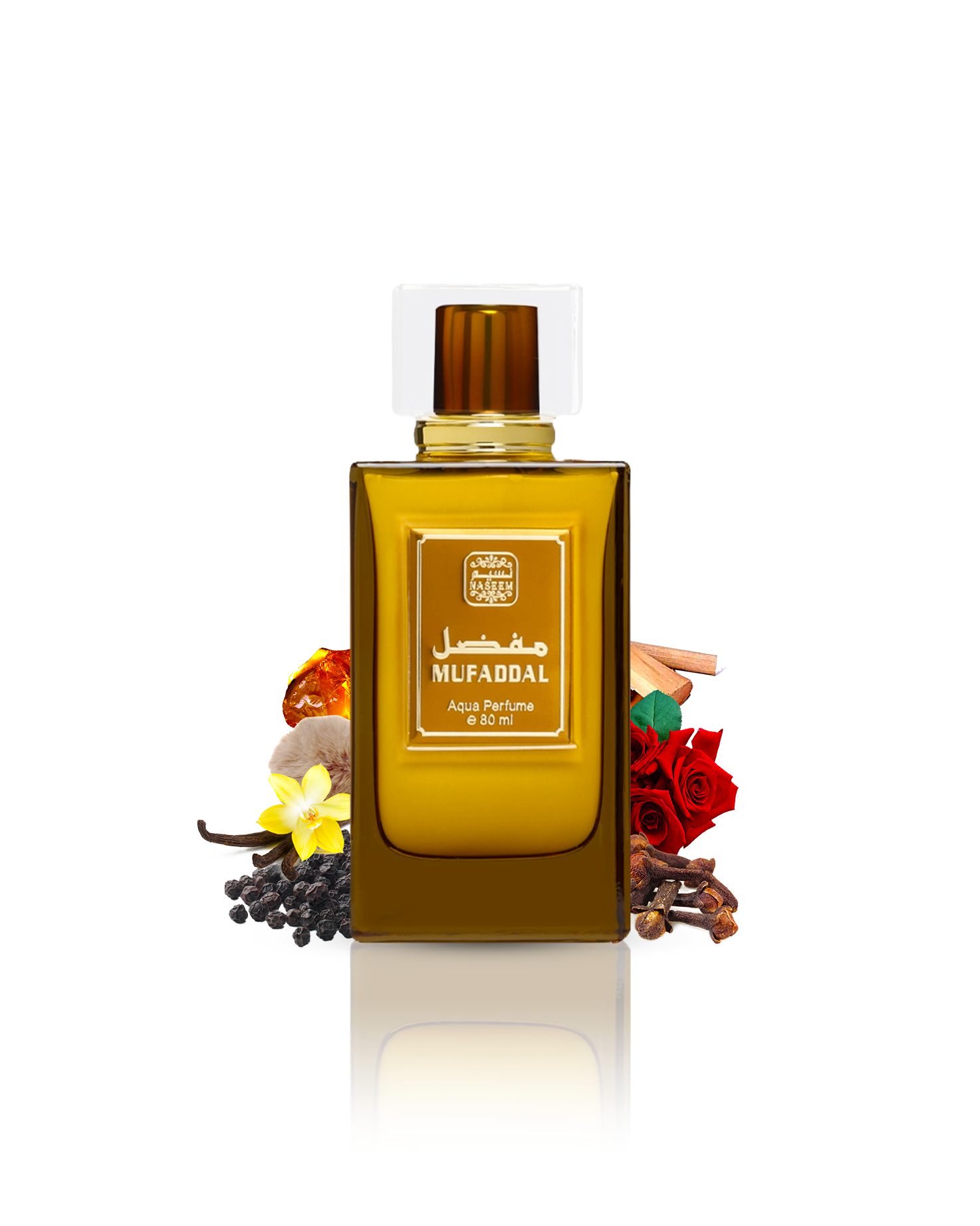 Mufaddal aqua parfum bottle surrounded by rose cloves against white background
