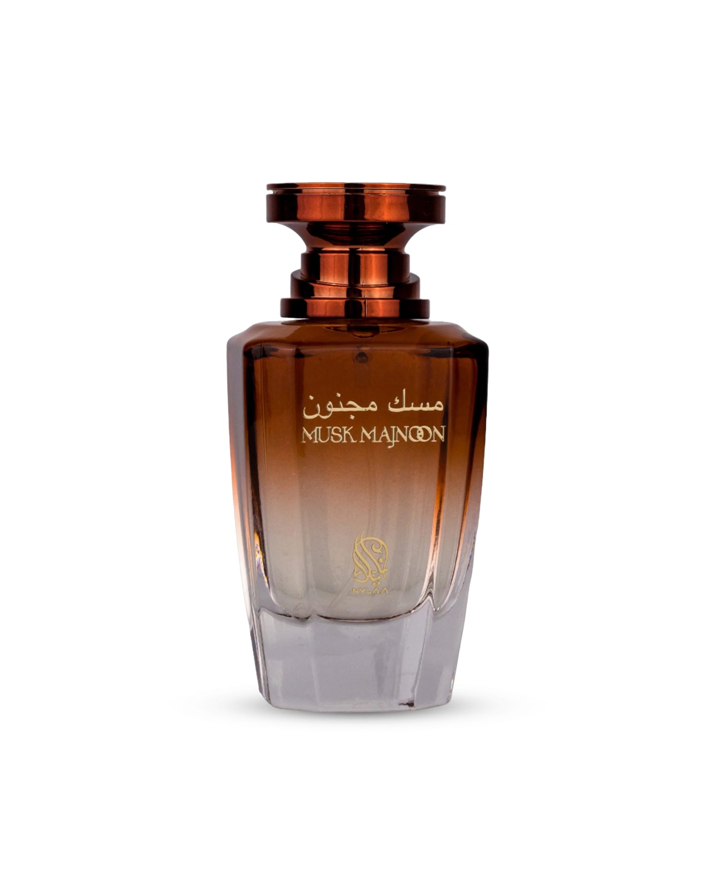 musk majnoon edp brown perfume bottle showing against white background