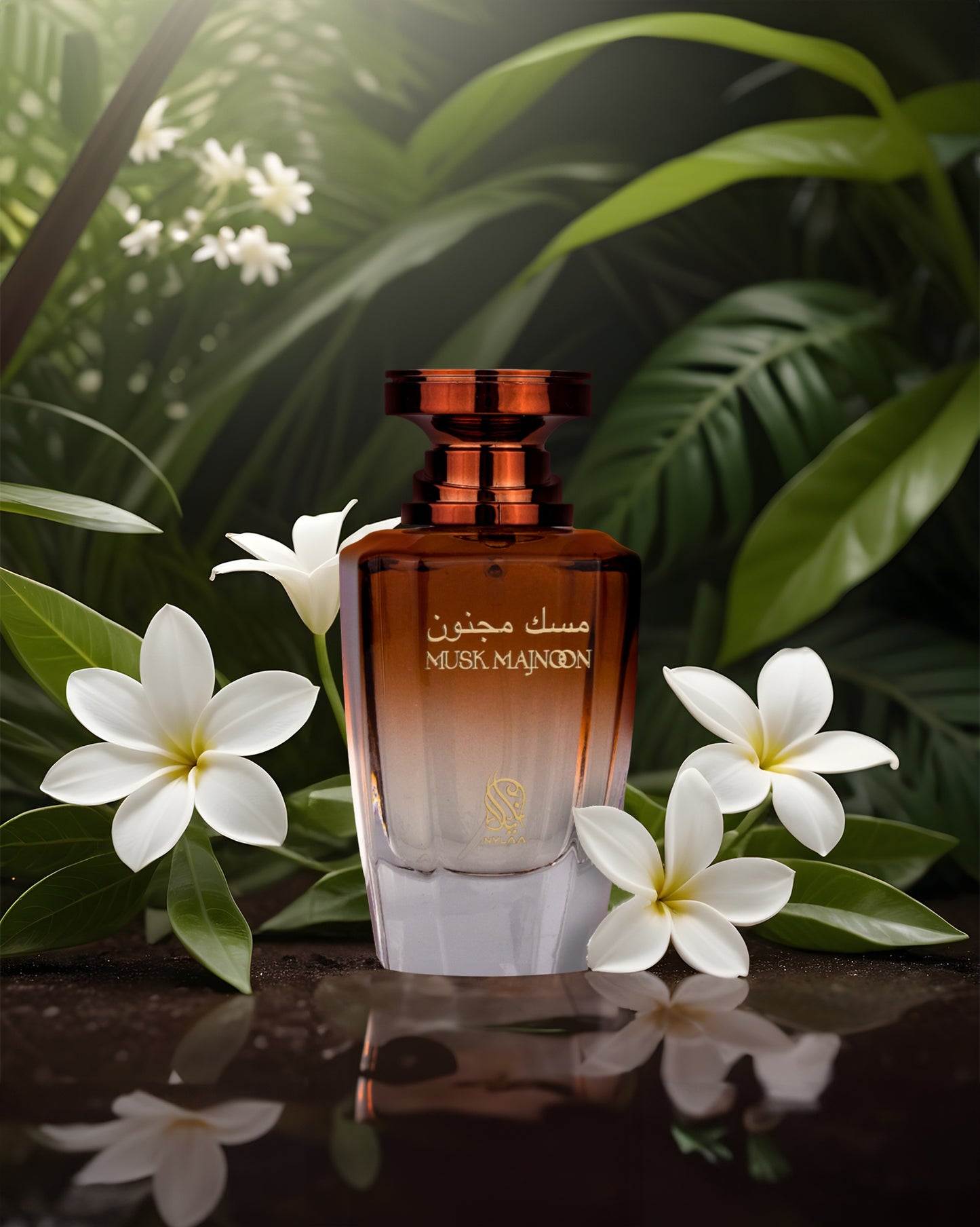 musk majnoon edp perfume bottle photograph infront of mud water beside with some white flowers with green leafs at background