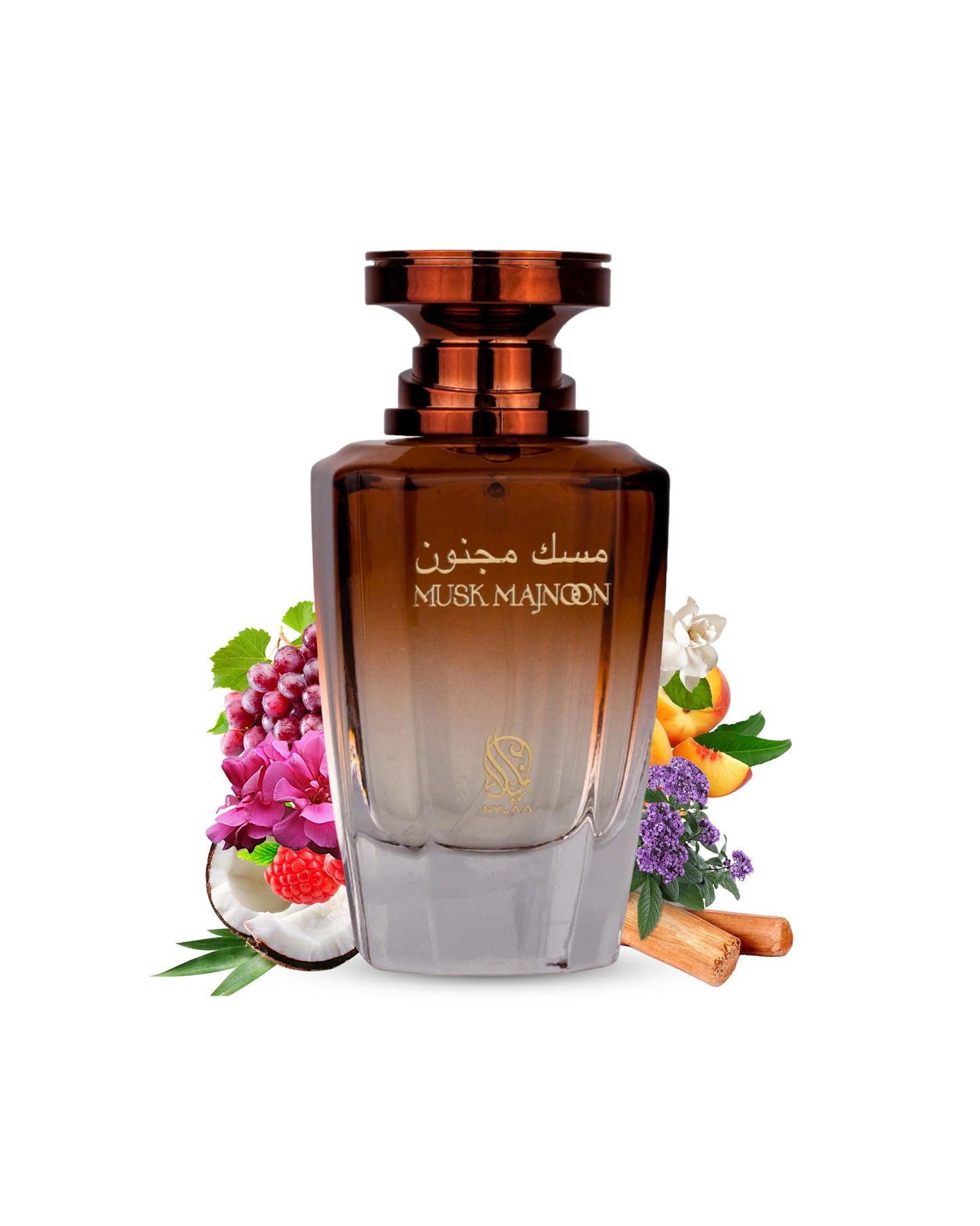 musk majnoon edp brown colour perfume bottle surrounded with its ingredients like coconut and sandalwood and many more showing from behind the bottle against white background.