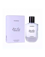 musk safi aqua parfum by naseem perfume bottle beside its box shows against white background