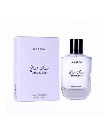 musk safi aqua parfum by naseem perfume bottle beside its box shows against white background