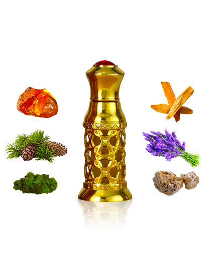 oud safi perfume oil golden colour botttle surrounded with ingredients like ambergris and lavender with many others shows against white background