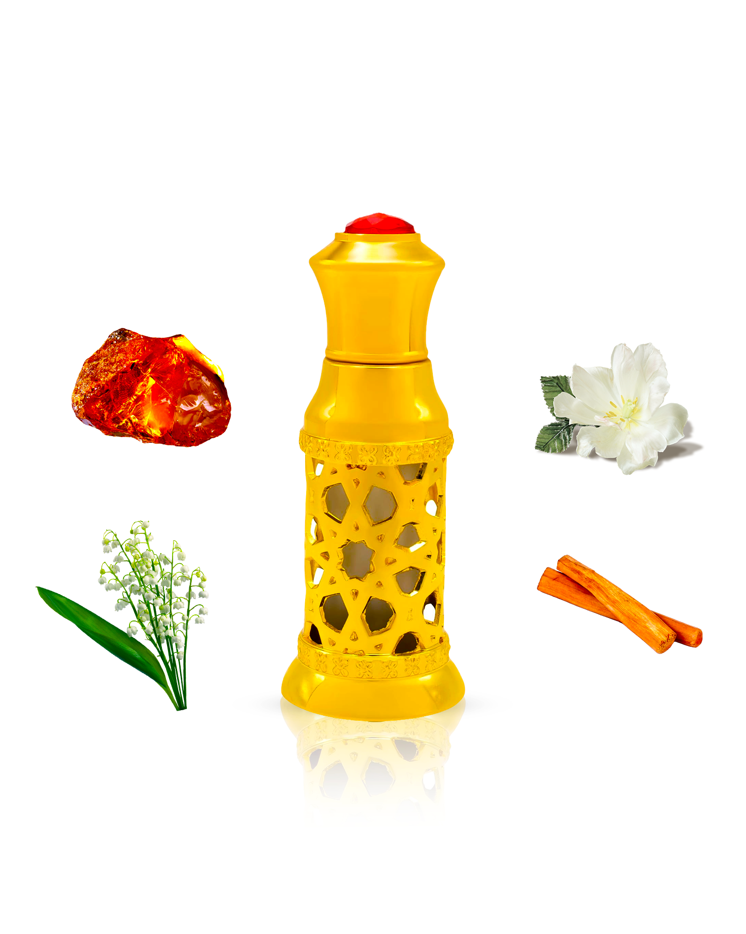 musk safi perfume oil golden colour bottle surrounded with its ingredients like amber and sandalwood shows against white background