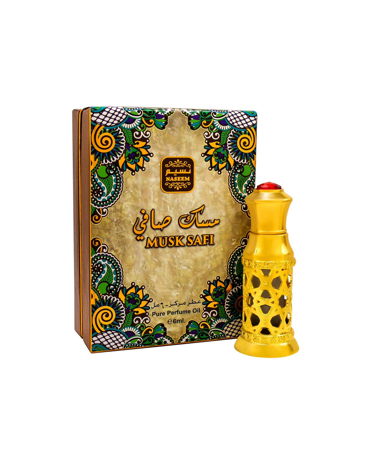 musk safi perfume oil golden colour bottle beside it's box shows against white background