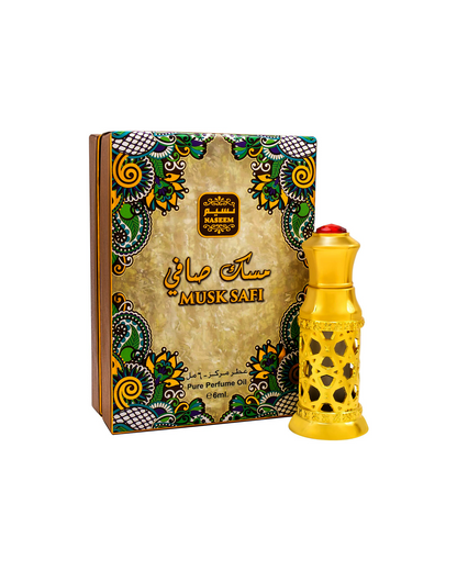 musk safi perfume oil golden colour bottle beside it's box shows against white background