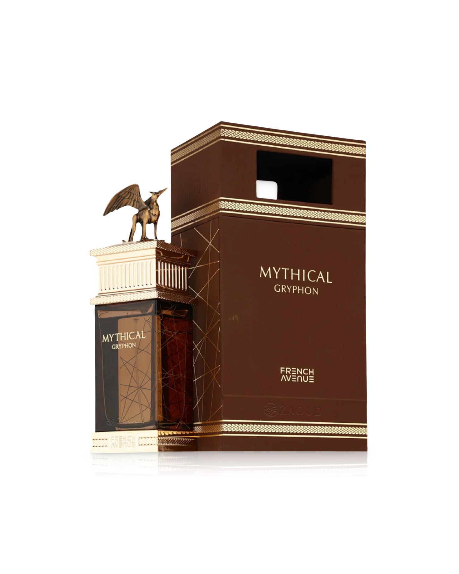 Mythical Gryphon perfume bottle shows  beside its box against white background