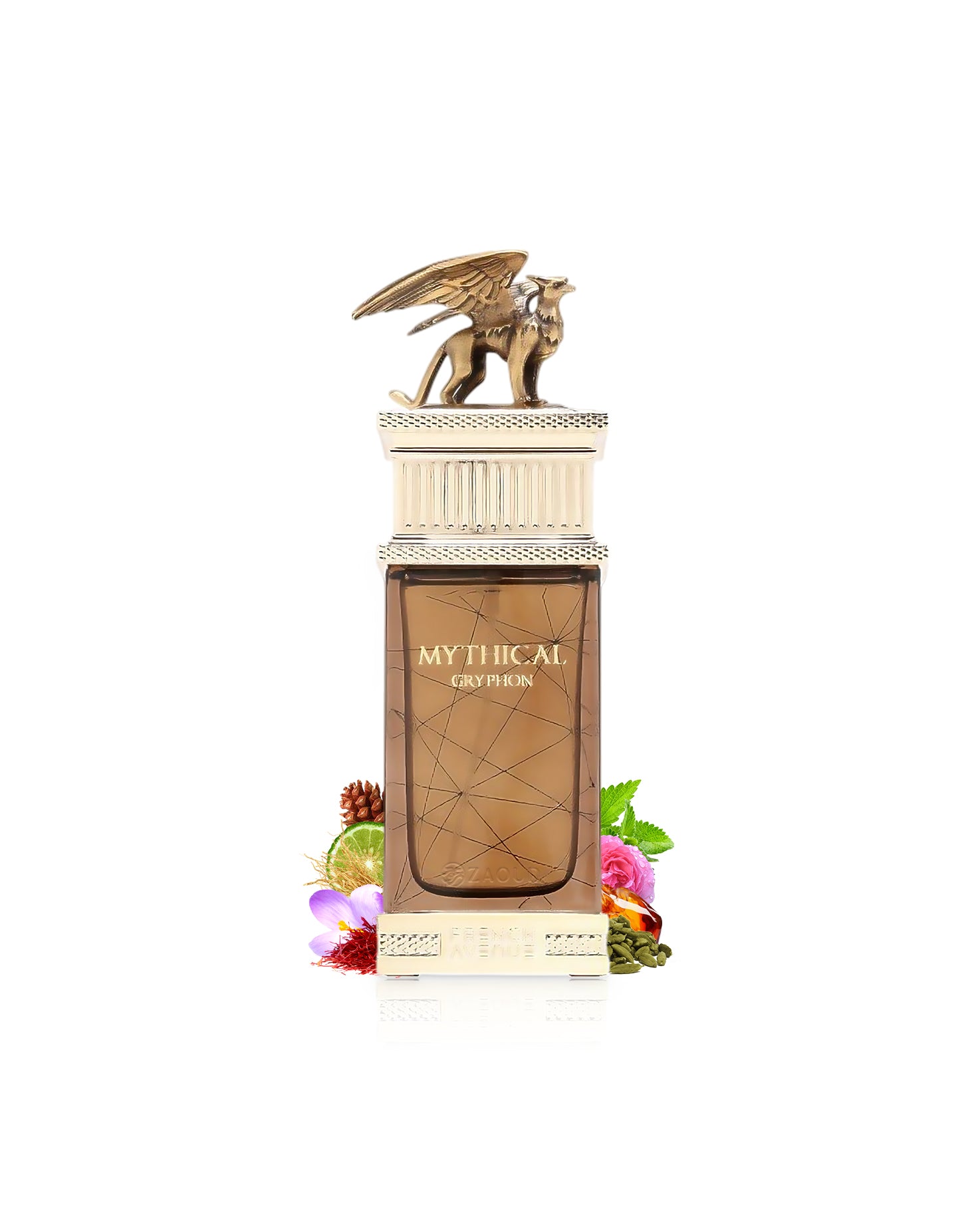 Mythical Gryphon perfume bottle surrounded with fragrance notes like spices and saffron shows against white background