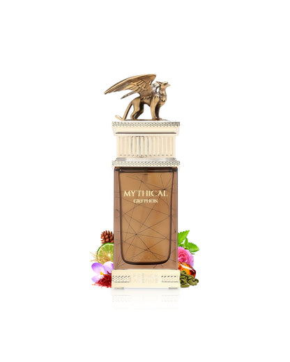 Mythical Gryphon perfume bottle surrounded with fragrance notes like spices and saffron shows against white background