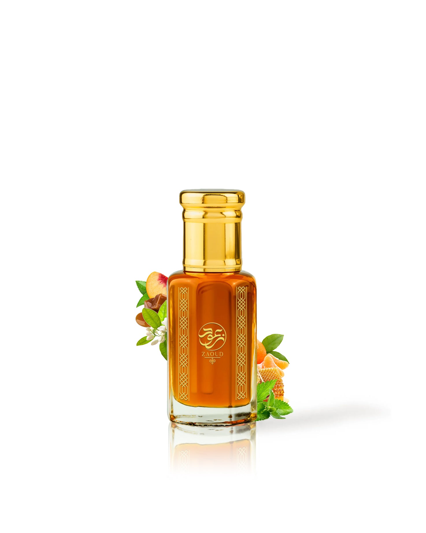 NOTORIOUS Perfume oil bottle surrounded by fragrance notes like fruits and honey against white background