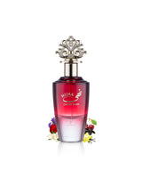khadlaj nuha cherry blush perfume bottle surrounded with fragrance notes like cherry and vanilla shows against white background