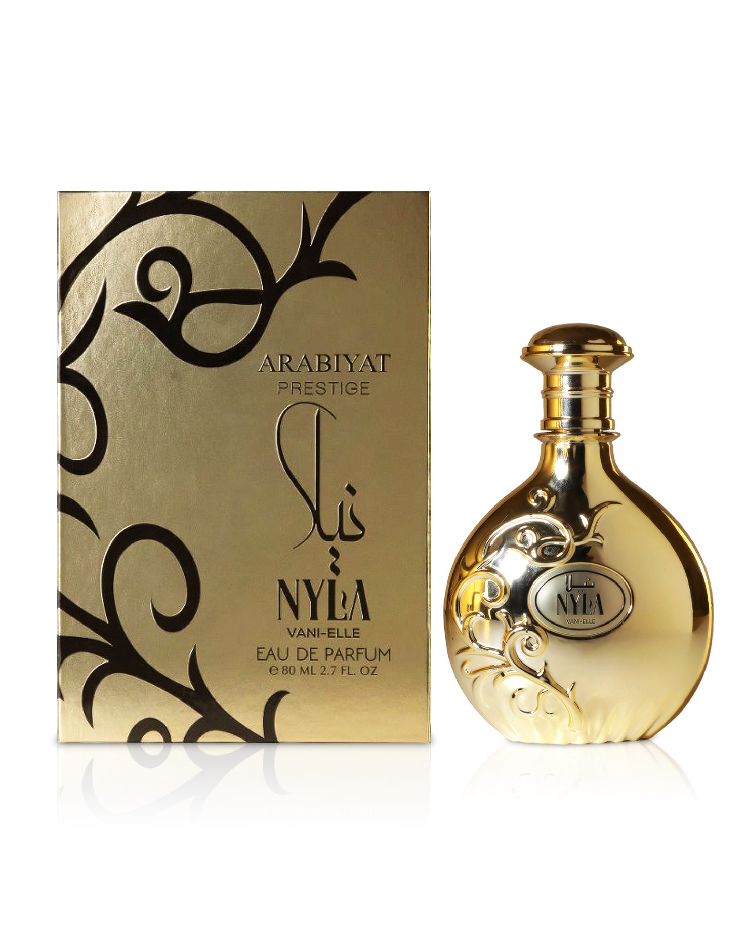 Arabiyat Prestige NYLA VANIELLE perfume bottle shows beside its box against white background