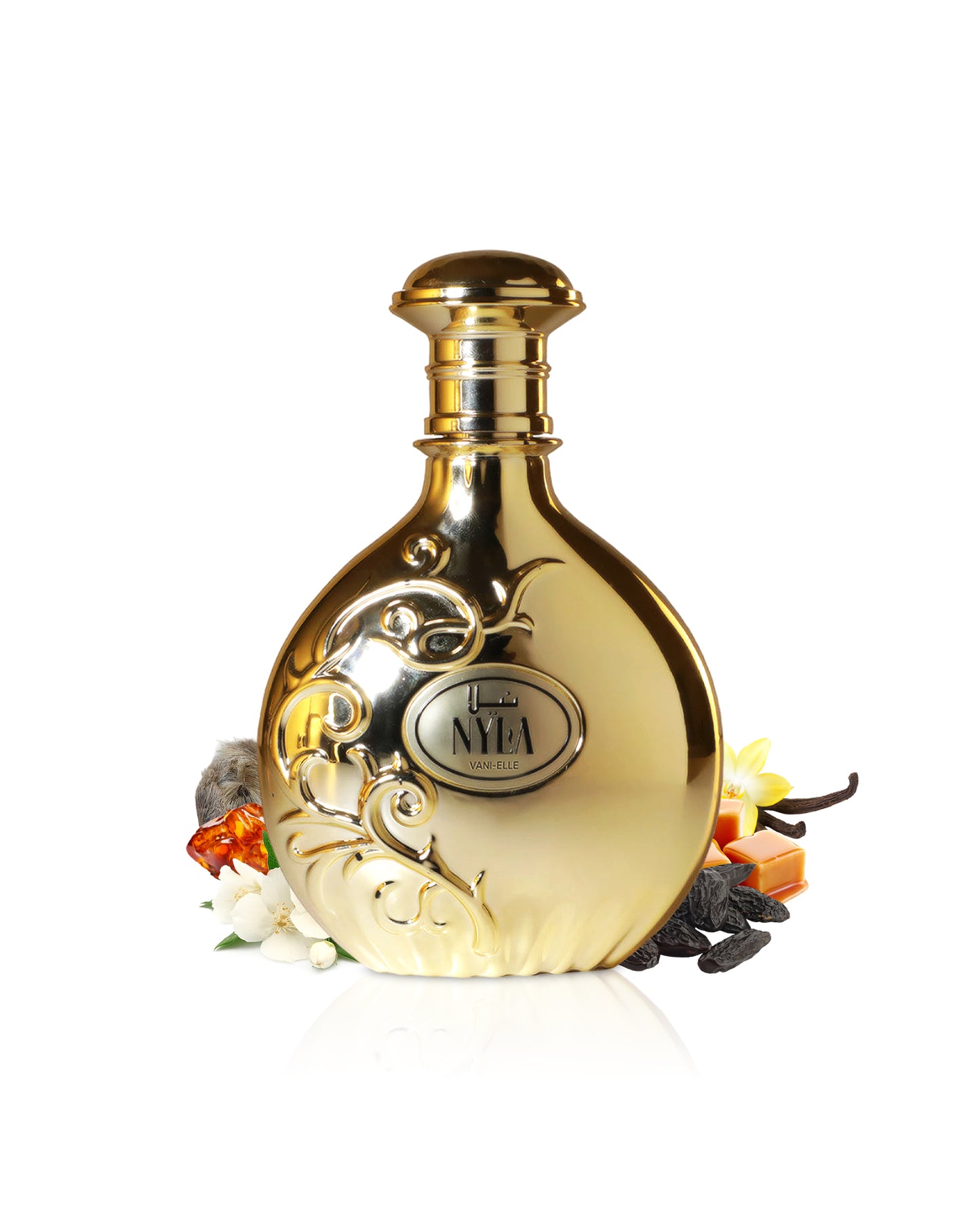 Arabiyat Prestige NYLA VANIELLE perfume bottle surrounded with fragrance notes like jasmine and vanilla shows against white background