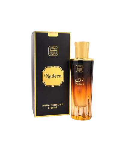 nadeen aqua parfum by naseem perfume bottle beside its box shows against white background